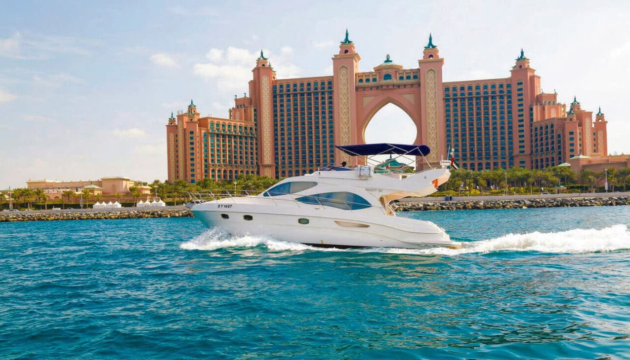 44-foot Majesty yacht rental at Dubai Harbour with Atlantis view